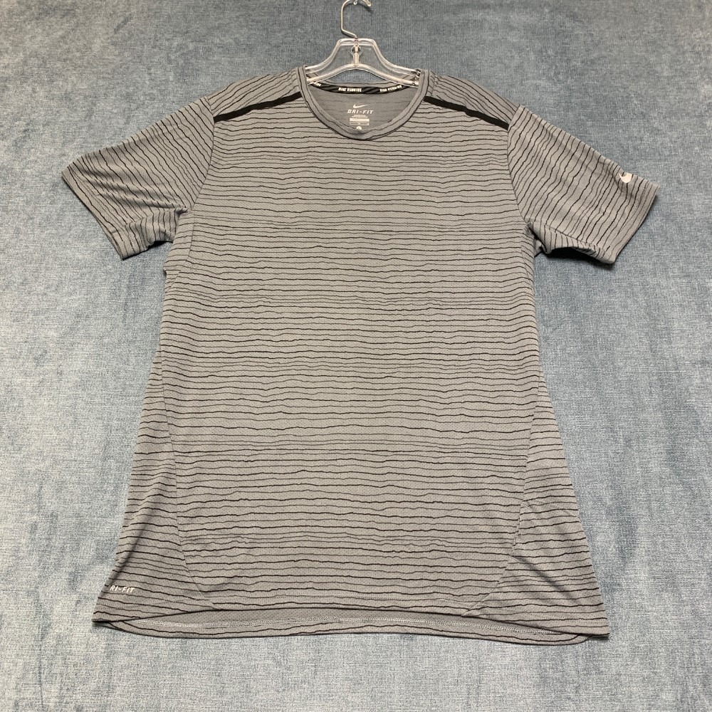 Nike Dri-Fit Running Mesh Tee Shirt Mens Large Gray Striped Swoosh Sportswear